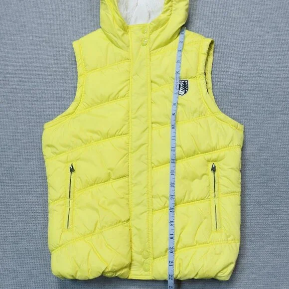 American Eagle Womens Yellow Puffer Vest Faux Fur Hooded Zip Pockets Size Small - Picture 12 of 16